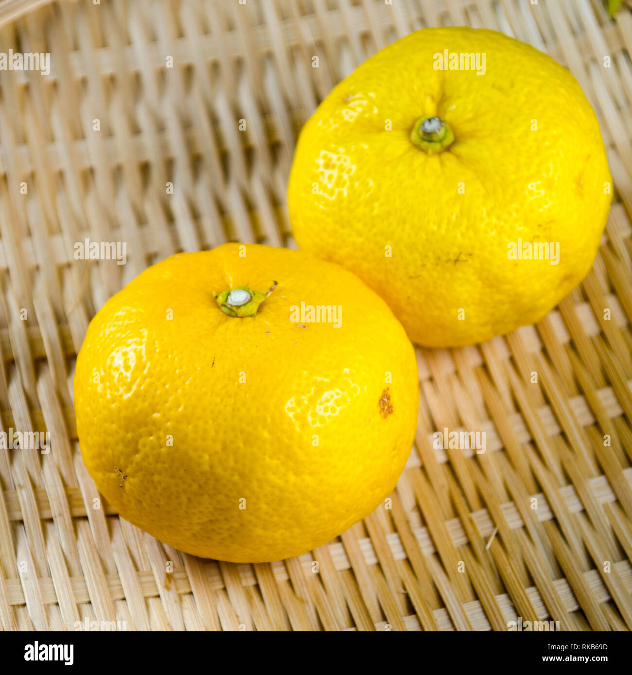 Deux fruits yuzu (un agrume japonais parfumé aigre et divers) sur un panier tissé Banque D'Images