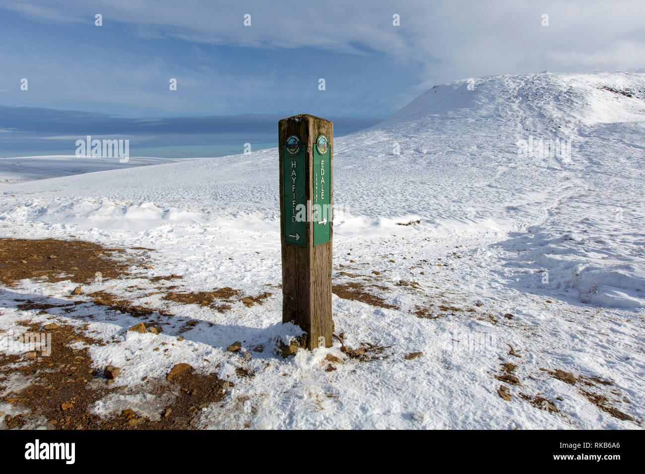 Un sentier sign post montrant le Pennine Way ci-dessous Kinder scout dans le Derbyshire Peak District. Banque D'Images