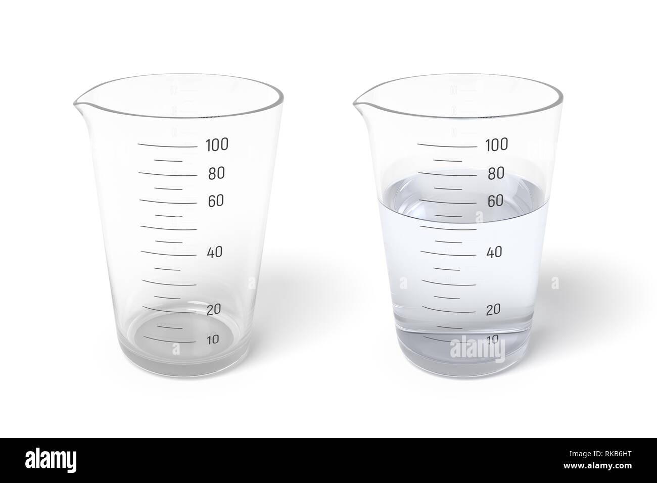 Le rendu 3d de deux tasses à mesurer la moitié rempli de liquide transparent, isolé sur fond blanc Banque D'Images