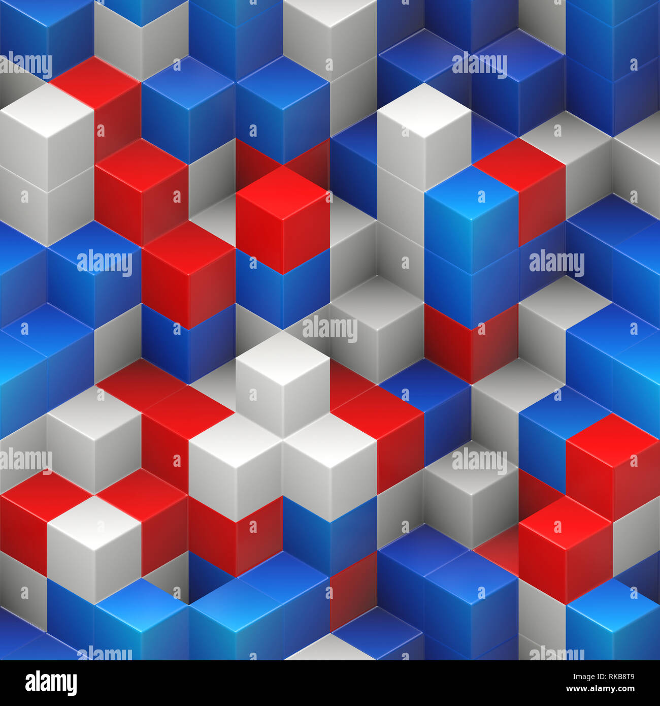 Seamless background cubes colorés - bleu blanc rouge, empilés au hasard, rendu 3d - structure Banque D'Images