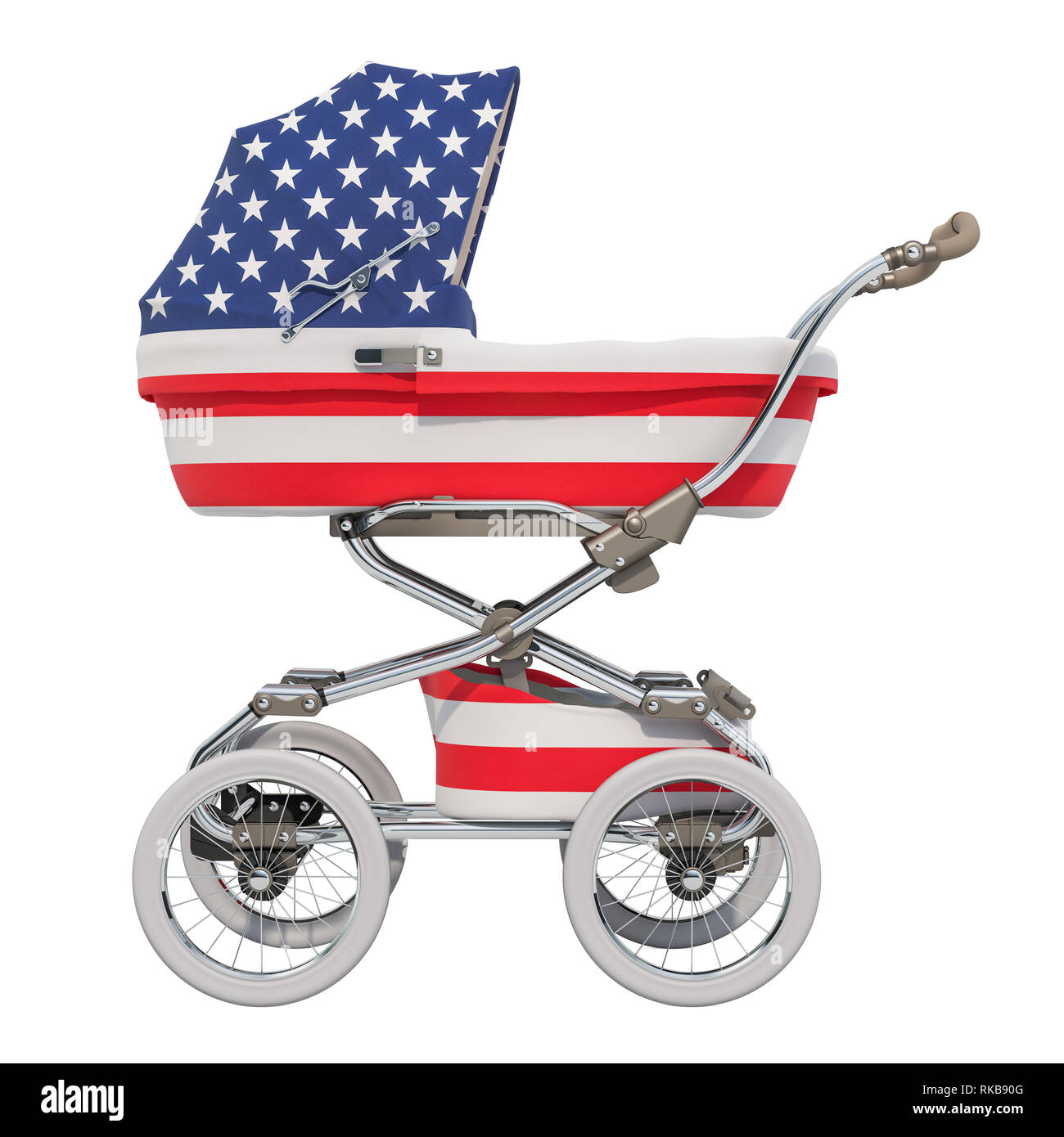 Poussette de bébé avec le drapeau américain, rendu 3D texture isolé sur fond blanc Banque D'Images
