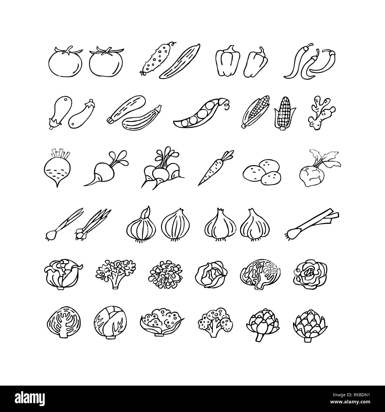 Légumes à la main jeu d'icônes en style de ligne. Vecteur parfait des éléments de design pour les décorations, les aliments biologiques, du papier d'emballage, de bioproduits wallpa Illustration de Vecteur