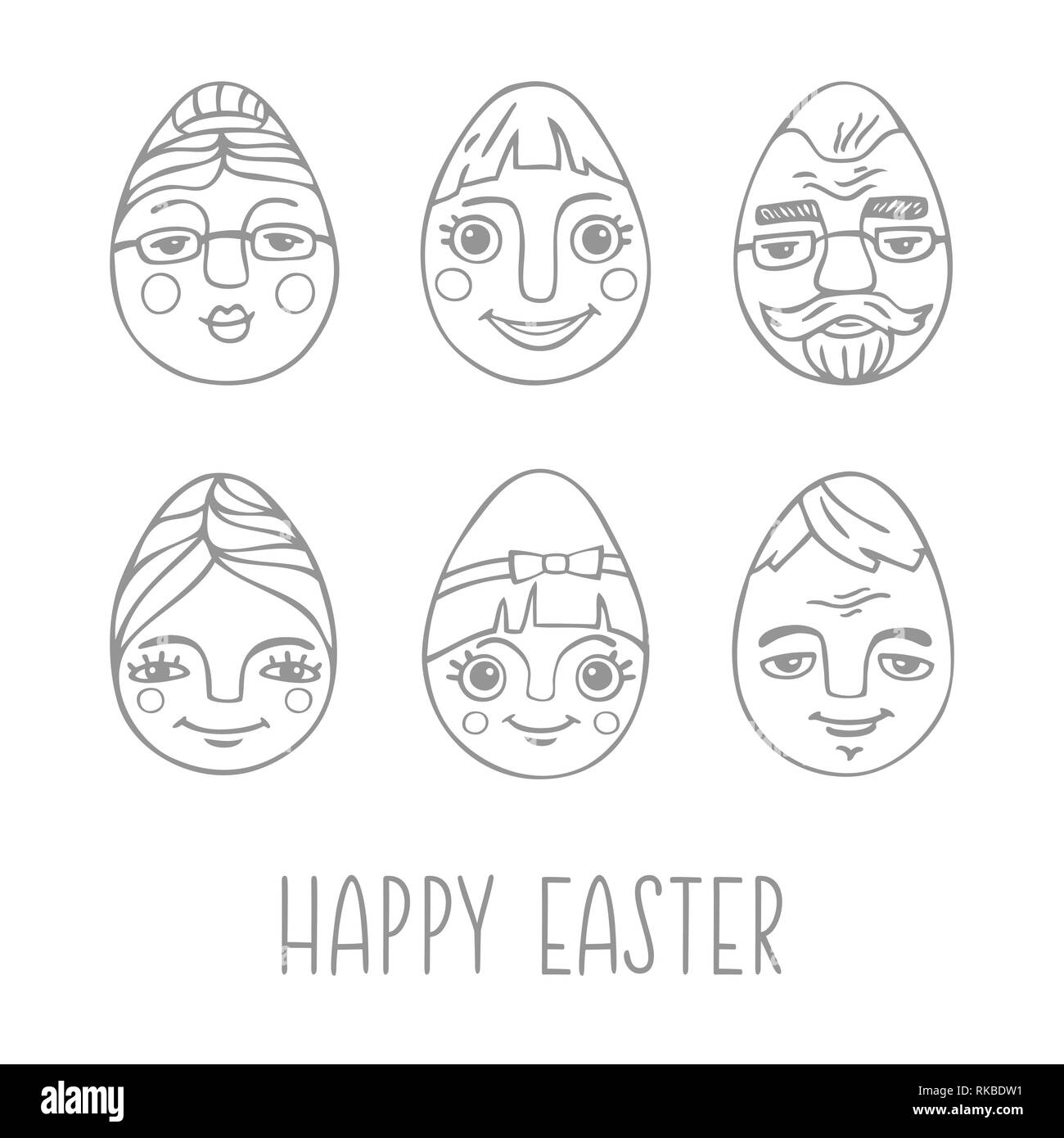 Collection d'oeufs de Pâques avec la main portrait de famille. Éléments de conception pour le vecteur parfait de la carte-cadeau, des décorations, des vacances, du papier d'emballage Illustration de Vecteur