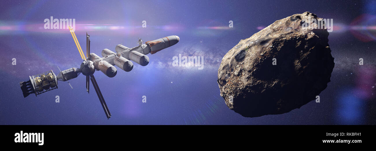 Approche de vaisseau astéroïde, planète naine, la mission d'exploration de l'espace lointain (science-fiction 3d illustration bannière, éléments de cette image sont é Banque D'Images