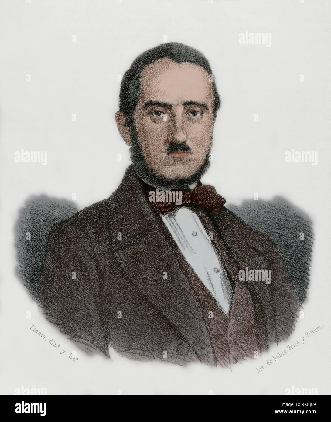 Joaquín María López (Villena, provincia de Alicante, 1798-Madrid, 1855). Político español del Partido Progresista. Ministro de Gobernación del Reino, 1836-1837, Ministro de Gracia y Justicia, 1843 et président du Conseil des ministres de España, 1843. Dibujo por Berr. Litografía. Coloreada. Retrato. Crónica general de España, Historia Ilustrada Descriptiva y de sus Provincias. Región de Murcia, 1870. Banque D'Images