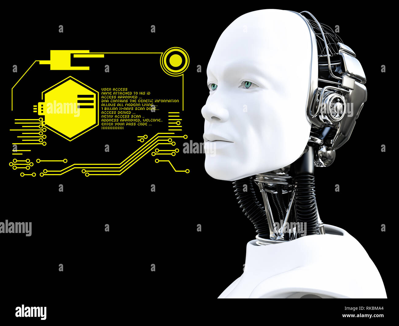 Le rendu 3D de la technologie de tête d'homme robot concept. Fond noir. Banque D'Images