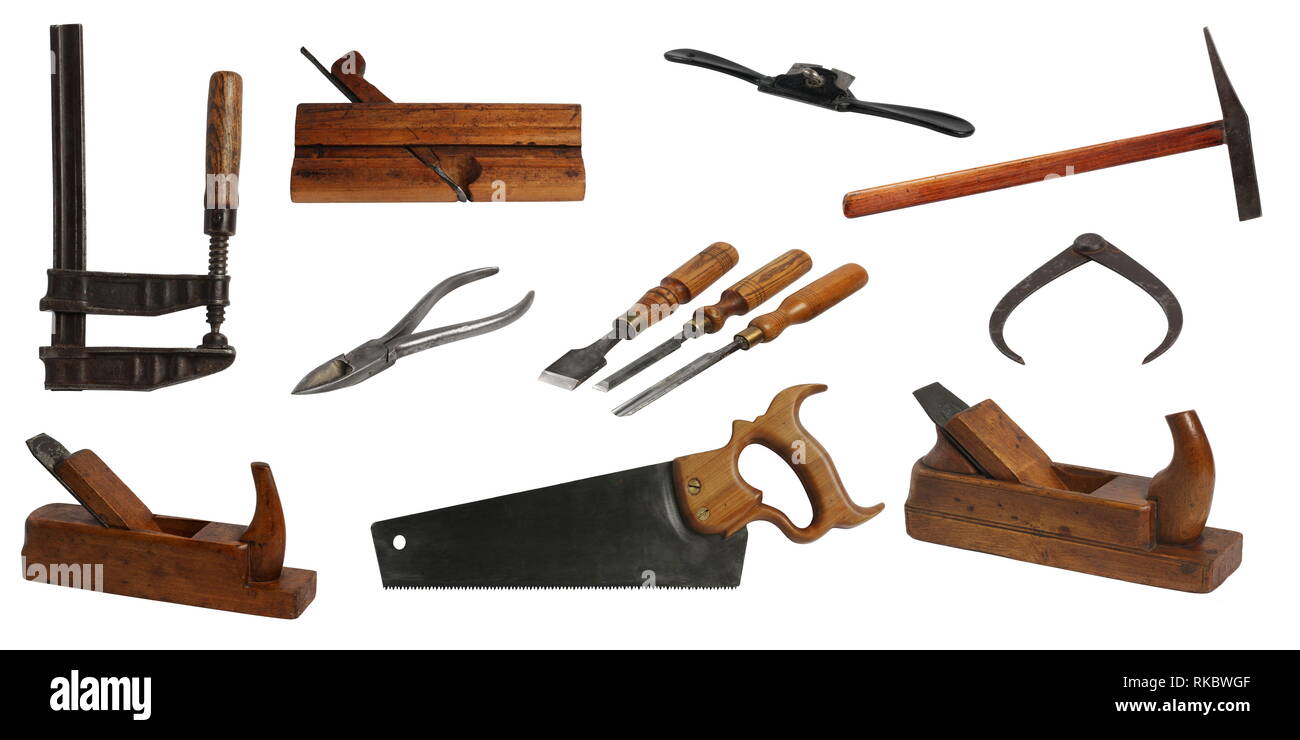 Assortiment d'outils pour carpenter sur fond blanc Banque D'Images