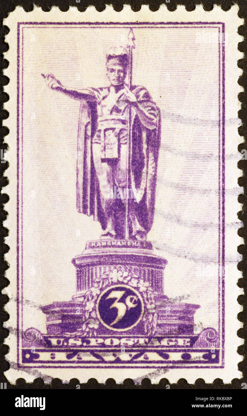Statue du Roi Kamehameha sur vieux timbre-poste d'Hawaï Banque D'Images