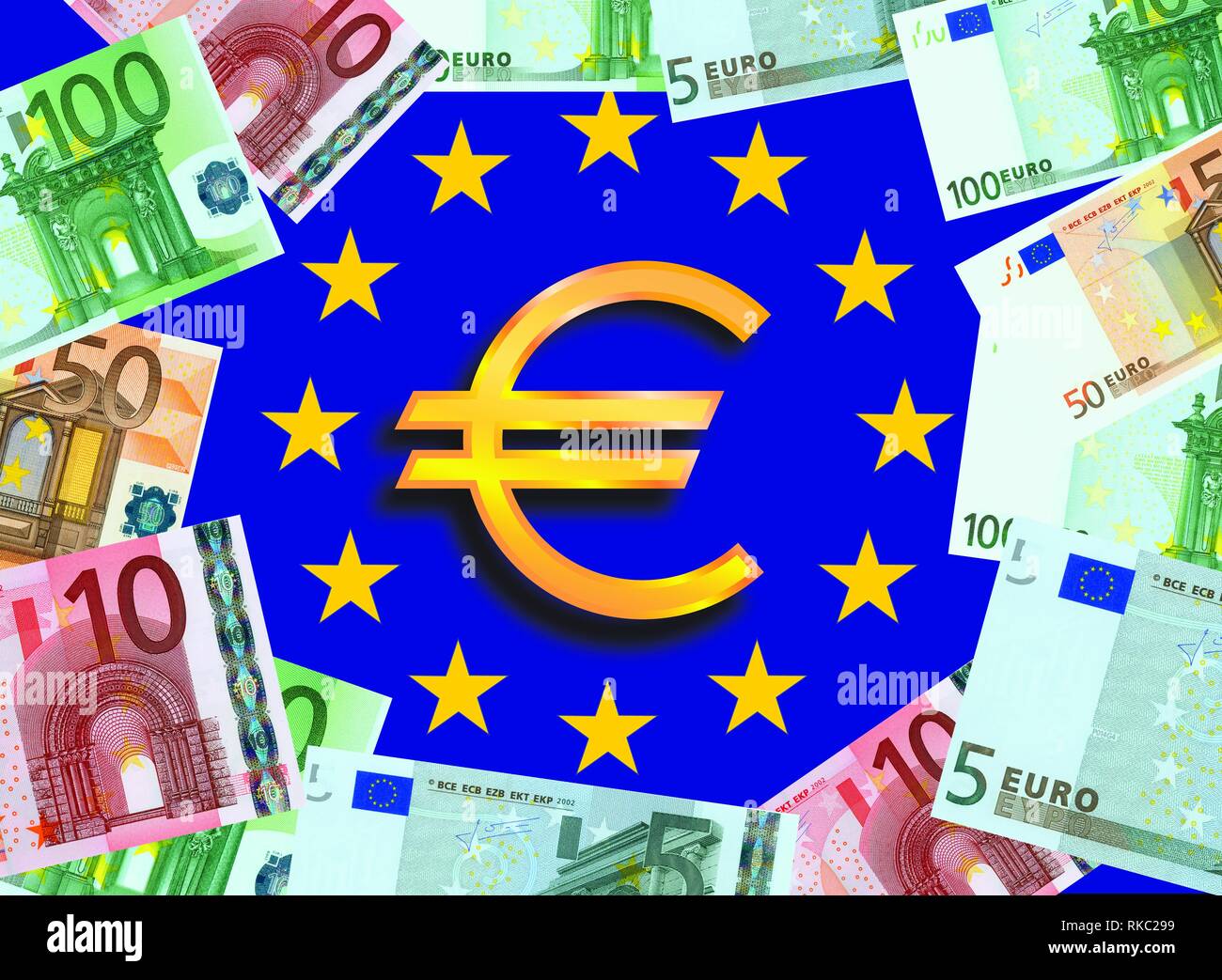 Billets Euro Argent Euro concept avec drapeau bleu avec anneau d'étoiles jaunes et brillants Euro symbole monétaire Banque D'Images