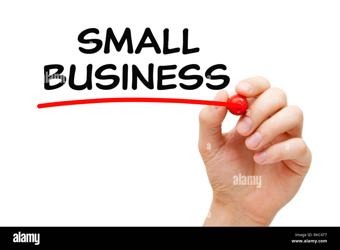 Texte écrit à la main les petites entreprises avec le marqueur sur la transparence du conseil d'effacement isolé sur blanc. Banque D'Images