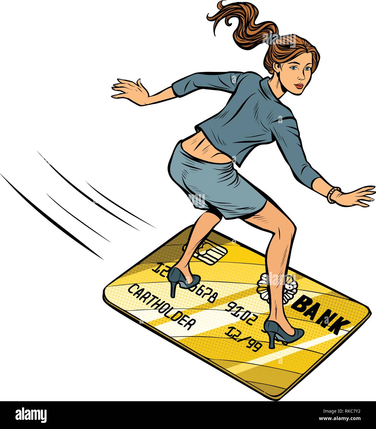 Femme femme d'affaires et carte bancaire. isoler sur fond blanc. Passe de l'eau ou la planche à repasser. Carte bancaire de crédit et de débit, les mouches. Bande dessinée caricature po Illustration de Vecteur