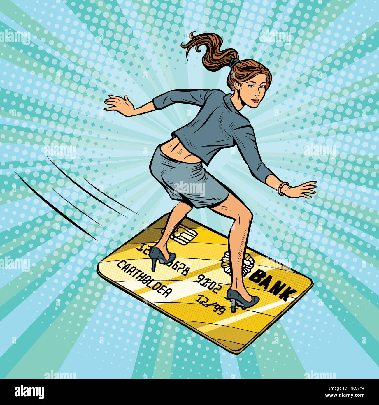 Femme femme d'affaires et carte bancaire. Passe de l'eau ou la planche à repasser. Carte bancaire de crédit et de débit, les mouches. Comic cartoon vector retro pop art illustrati Illustration de Vecteur