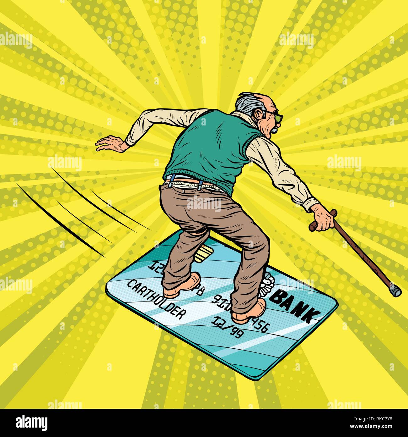 Vieil homme à la retraite et de carte bancaire. Passe de l'eau ou la planche à repasser. Carte bancaire de crédit et de débit, les mouches. Comic cartoon retro pop art d'illustration vectorielle Illustration de Vecteur