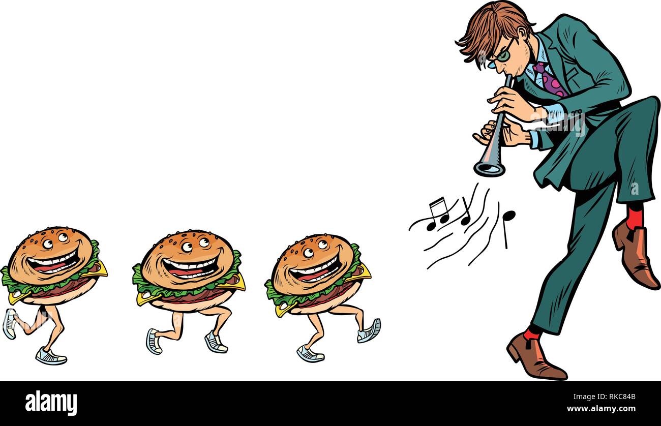 Des hamburgers pour aller un homme avec un tuyau corne. Comic cartoon retro pop art dessin illustration vectorielle Illustration de Vecteur