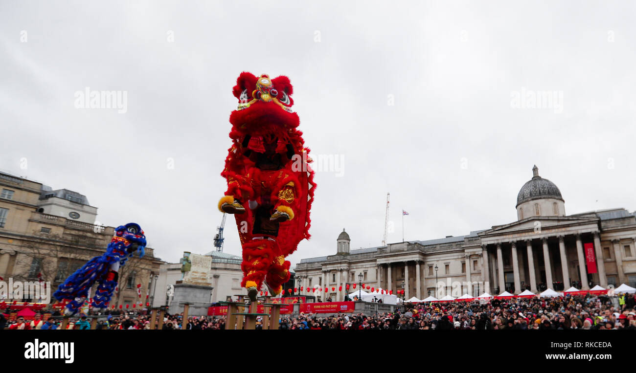 (190210) -- Londres, le 10 février 2019 (Xinhua) -- les gens font la danse du lion lors d'une célébration du Nouvel An lunaire chinois à Trafalgar Square à Londres, Grande-Bretagne, le 10 février, 2019. Londres a accueilli le dimanche l'une des plus grandes célébrations du Nouvel An chinois à l'extérieur de l'Asie, dessin de dizaines de milliers de visiteurs en plein cœur de la capitale britannique pour partager la joie. La célébration a commencé par un grand défilé avec 30 équipes dont une équipe de Lion et de Dragon chinois, un bus à impériale de Londres et une variété de streaming flotte dans les rues de Trafalgar Square, via Ouest fin avant d'atteindre Banque D'Images