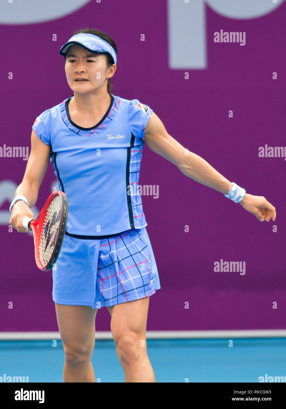 Doha, Qatar. 10 fév, 2019. Shuko Aoyama du Japon réagit au cours du match de qualification contre l'Ajla Tomljanovic de l'Australie à la WTA 2019 Open du Qatar à Doha, Qatar, le 10 février 2019. Shuko Aoyama a perdu 1-2. Credit : Nikku/Xinhua/Alamy Live News Banque D'Images