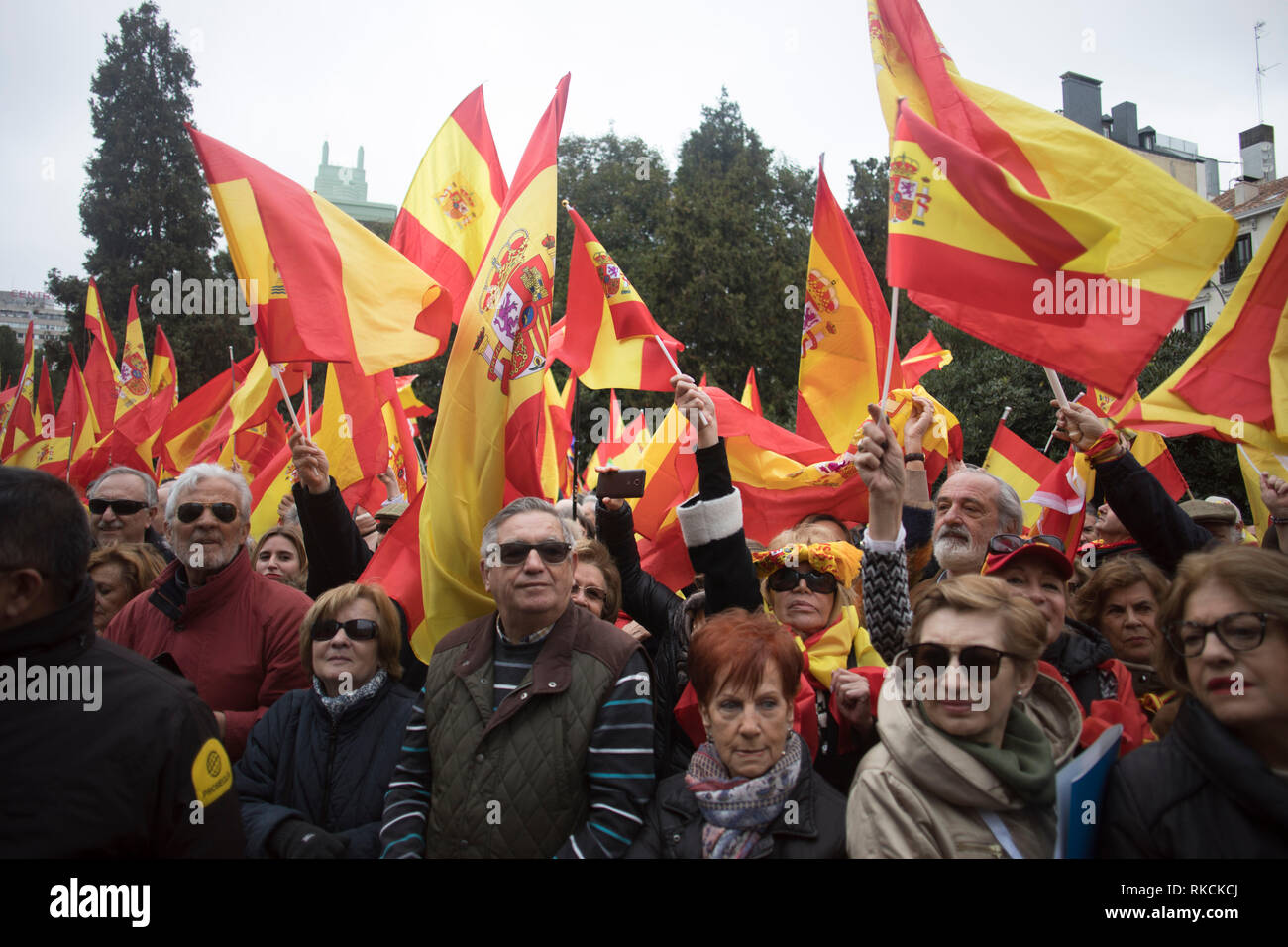 Vu les manifestants holding drapeaux espagnols au cours d'une manifestation contre le gouvernement espagnol. Plus de 20 000 personnes ont pris part à la protestation contre le gouvernement de Pedro Sanchez. Banque D'Images