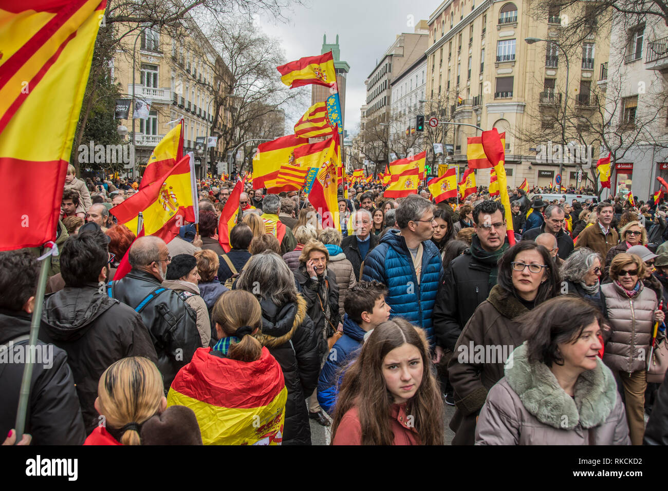 Les protestataires sont vus en agitant drapeaux espagnols pendant la manifestation. Des milliers de citoyens espagnols ont protesté à Place Colon à Madrid contre le gouvernement de Pedro Sánchez, demande d'une élection. Banque D'Images