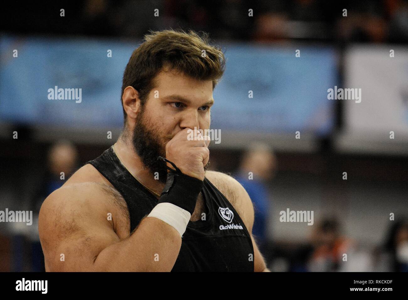 Nikolaos,athlète Skarvelis vu en action au cours de la piste intérieure à l'échelle nationale et championnat de champ dans le stade de la paix et d'amitié au Pirée. Banque D'Images