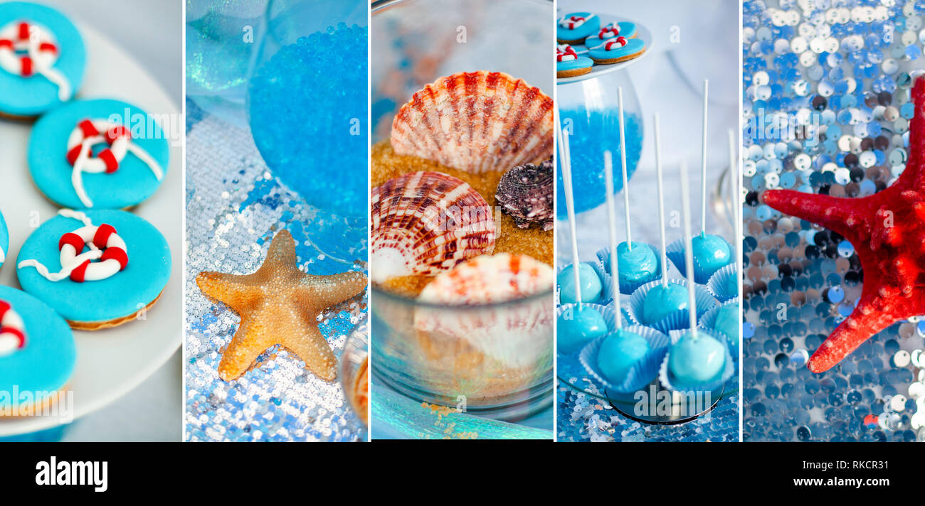 L Heure D Ete Et La Mer Theme De Partie Ou Anniversaire Collage De Cinq Images De Bonbons Gateaux Cakes Pop Photo Stock Alamy