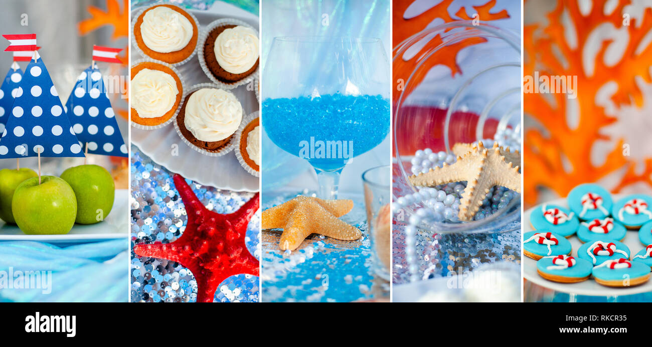 L Heure D Ete Et La Mer Theme De Partie Ou Anniversaire Collage De Cinq Images De Bonbons Gateaux Cakes Pop Photo Stock Alamy