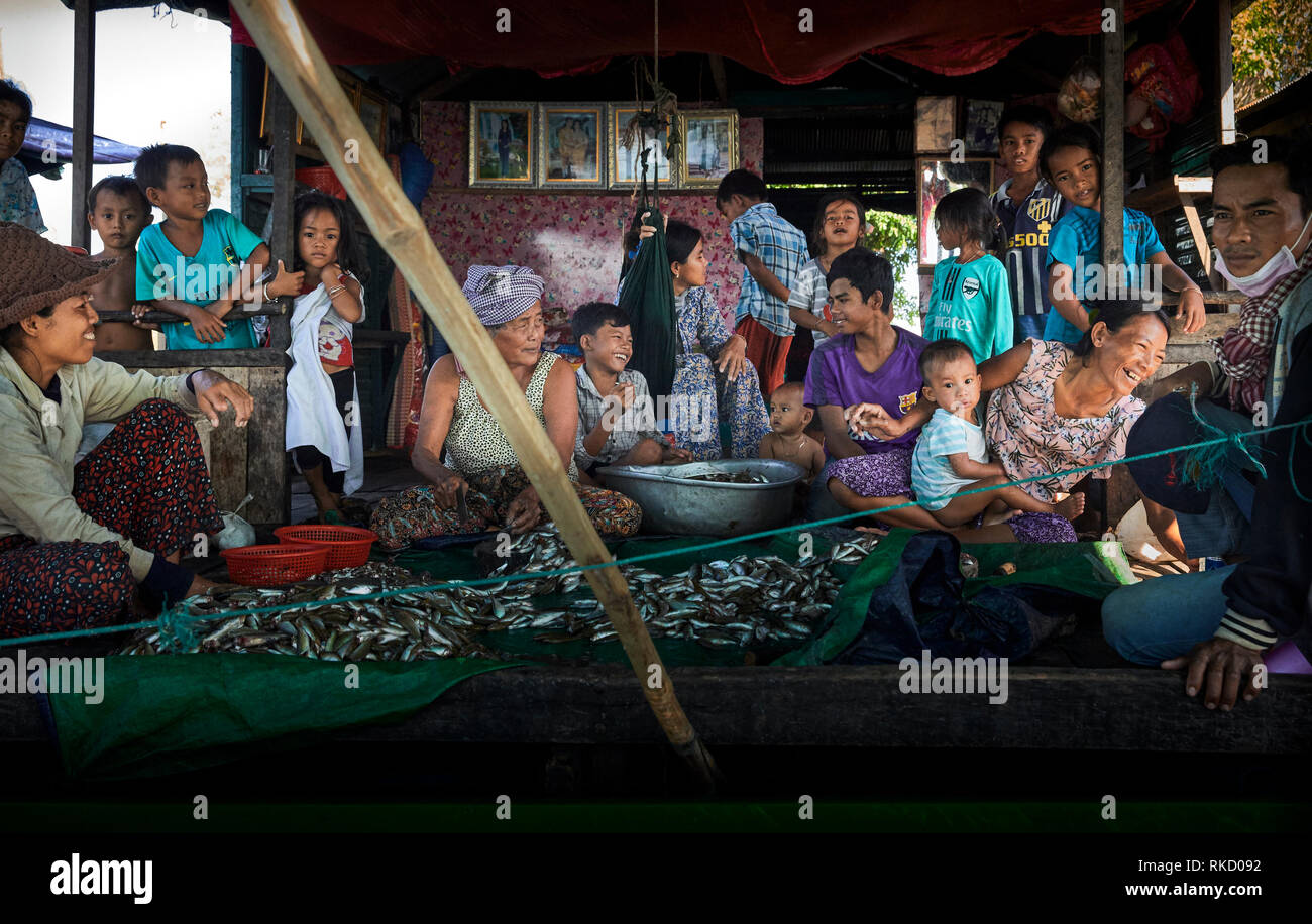 Lac Tonlé Sap, au Cambodge. 17 Décembre, 2018. Les membres de la famille travaillent ensemble dans une maison flottante de nettoyer le poisson alors que la socialisation. Photo : Bryan Watts Banque D'Images