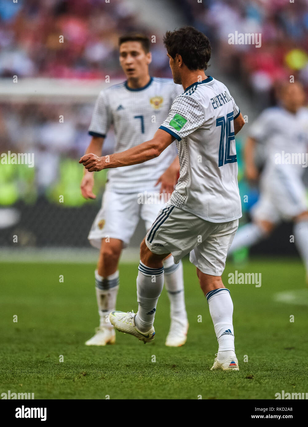 Moscou, Russie - Juillet 1, 2018 Le milieu de terrain de la Russie Yury Zhirkov durant la Coupe du Monde FIFA 2018 ronde de 16 match l'Espagne contre la Russie. Banque D'Images