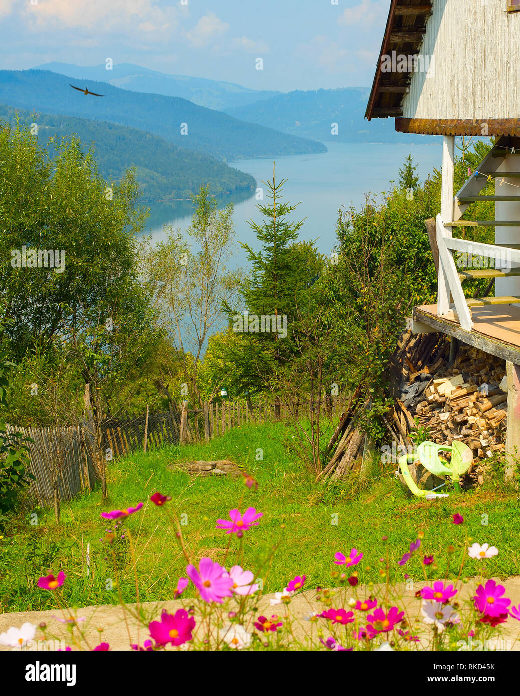 Scène avec maison roumaine typique en vert jardin fleuri par Muntelui mountain lake, Izvorul Muntelui, Neamt, Roumanie Banque D'Images