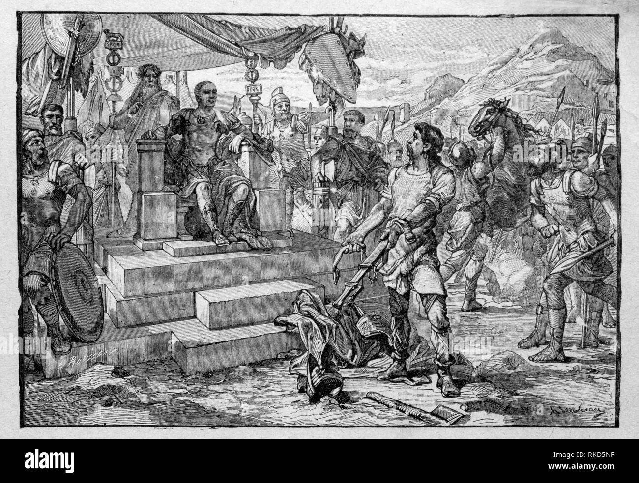 La France. Vercingétorix se rend à César. Vercingétorix ( ch. BC 82 - 46 avant J.-C.) était un roi et chef de la tribu des Arvernes ; il les Gaulois dans un Banque D'Images