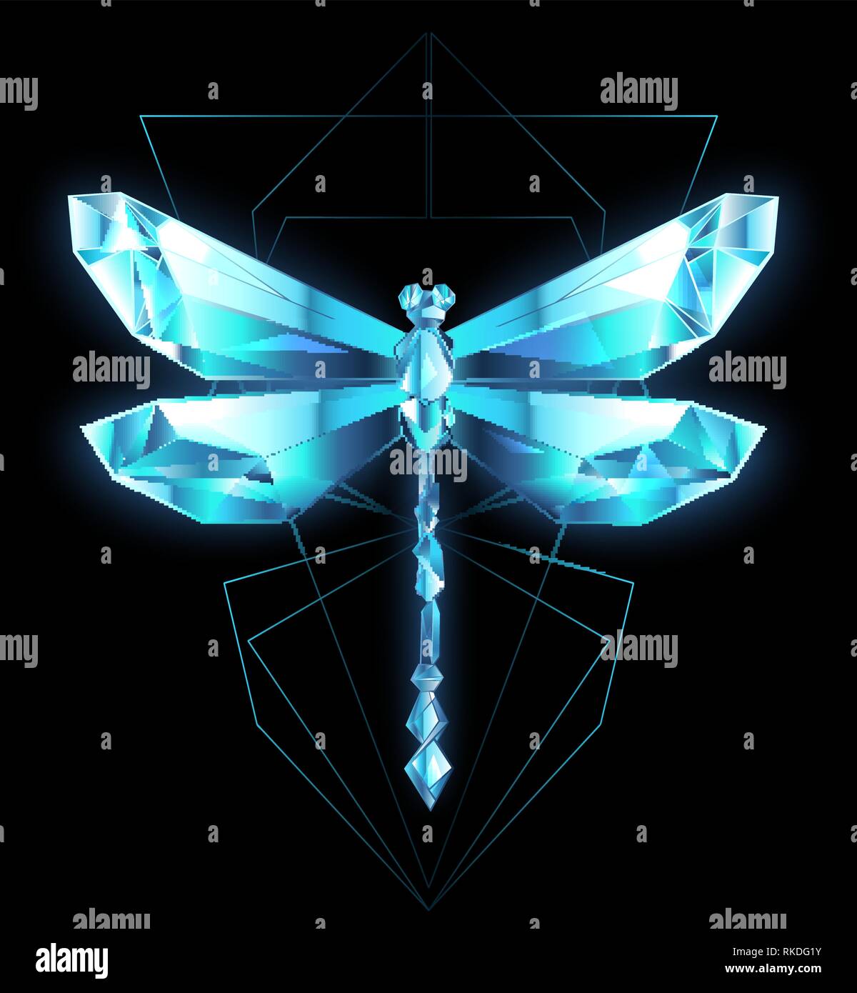 Artistiquement, peint noir, contour, libellule polygonal avec motif géométrique sur fond blanc. Style de tatouage. Illustration de Vecteur