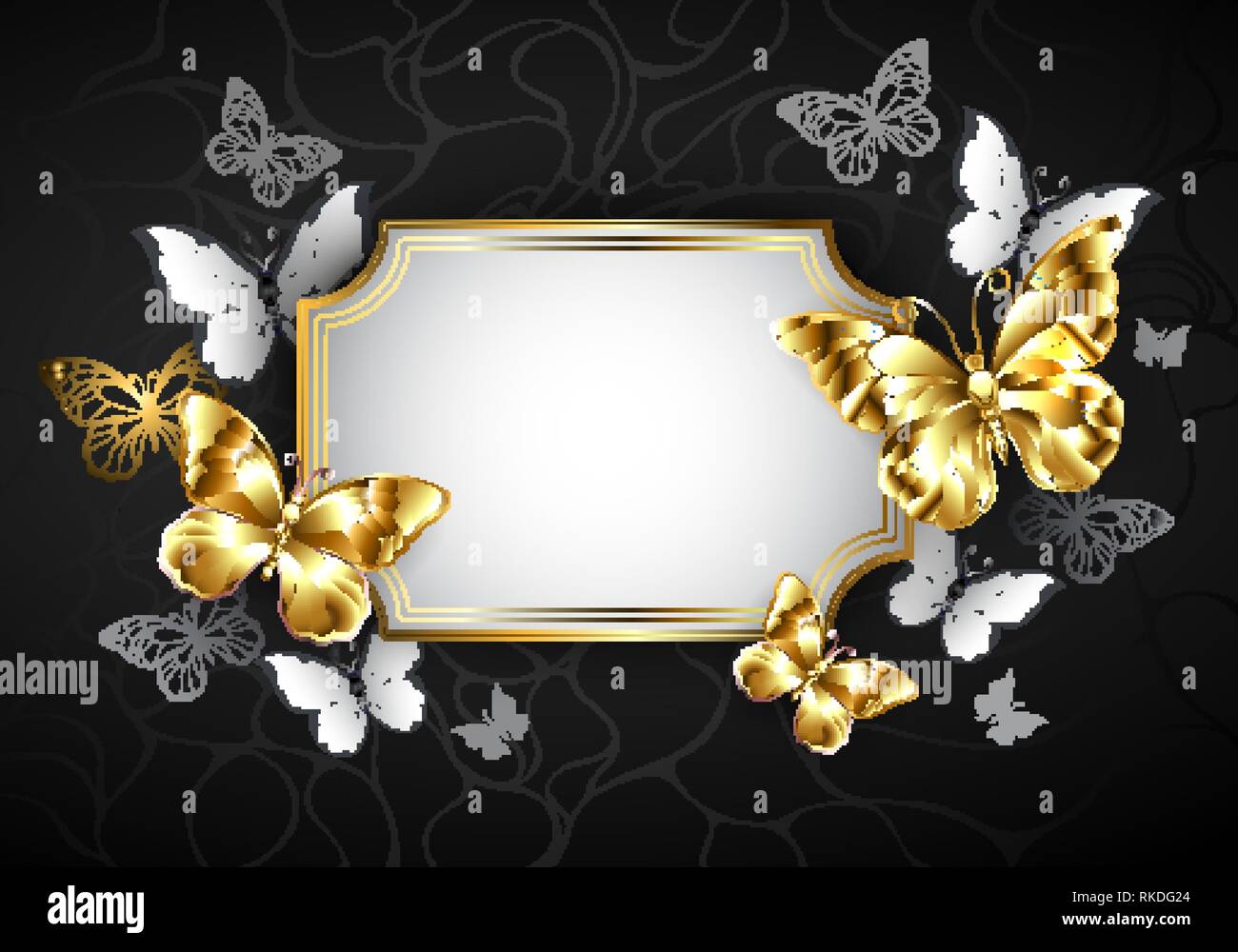Bannière blanche rectangulaire avec cadre, décoré de papillons bijoux en or sur fond noir. Illustration de Vecteur