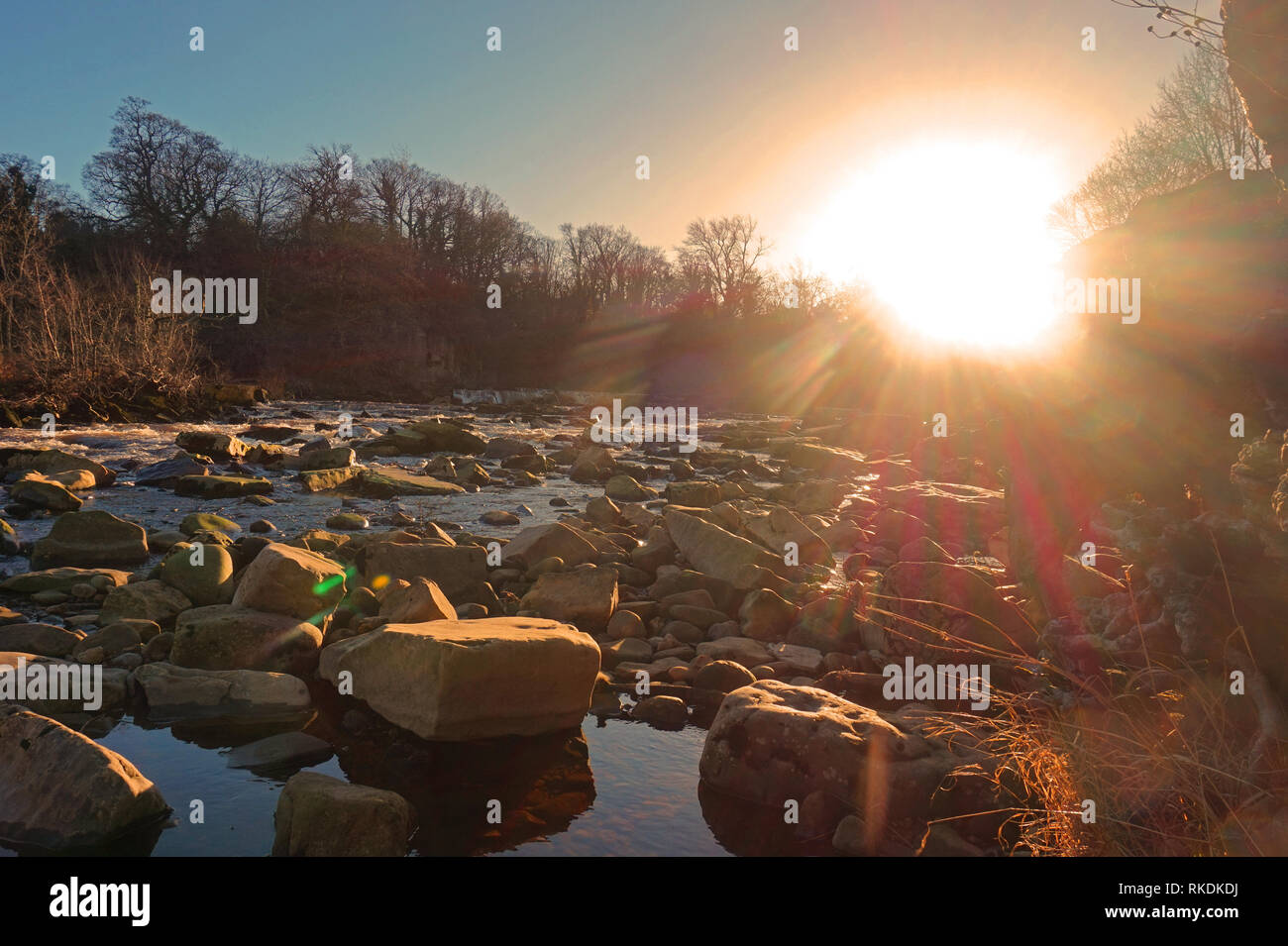 Premier jour de 2019 à la rivière Swale dans le chaud soleil d'hiver, Richmond, North Yorkshire, Angleterre Banque D'Images