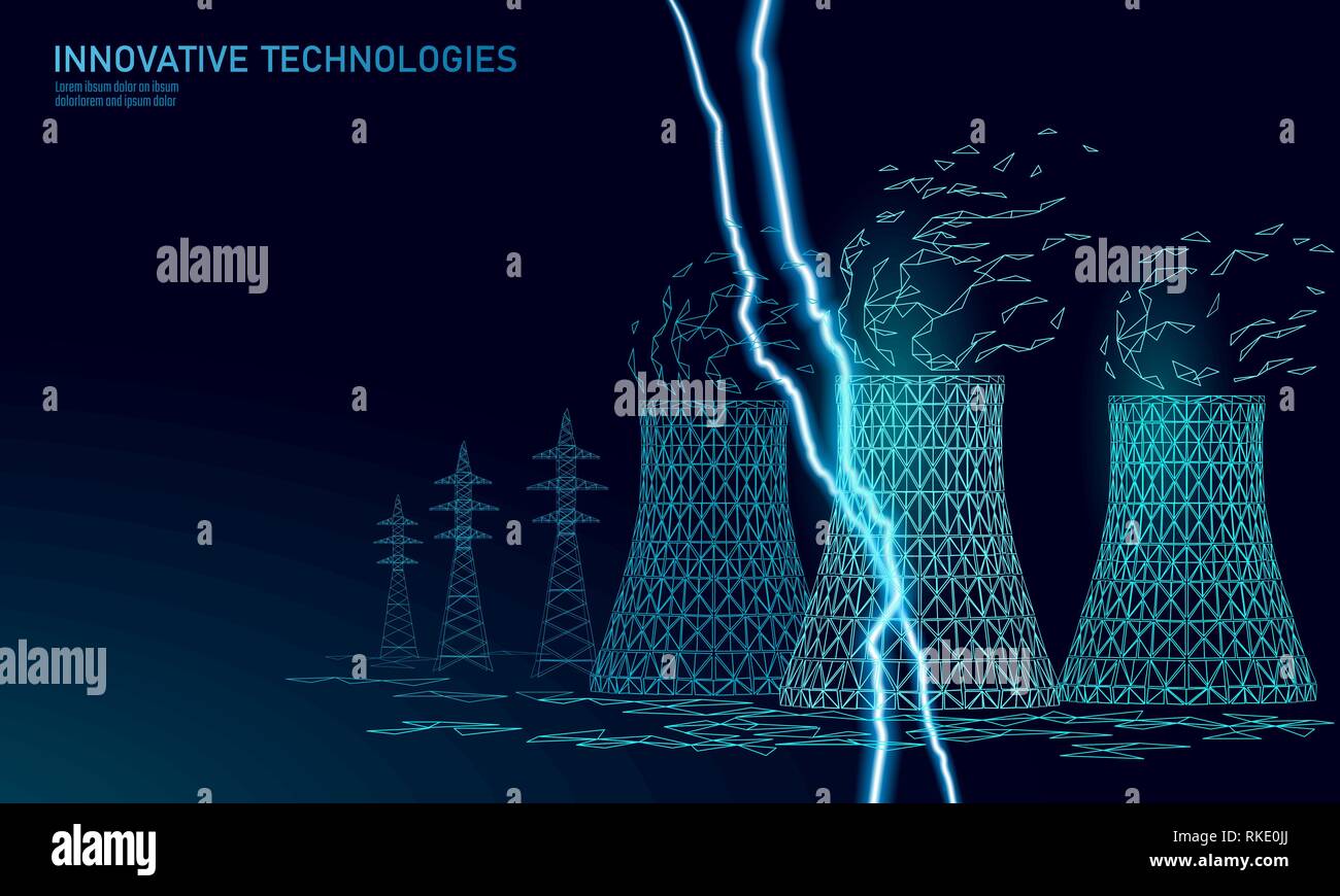 Tour de refroidissement de centrale nucléaire faible poly. L'écologie de rendu 3D sauver la planète de la pollution pour l'environnement. polygonale triangle concept Danger de la foudre vector Illustration de Vecteur