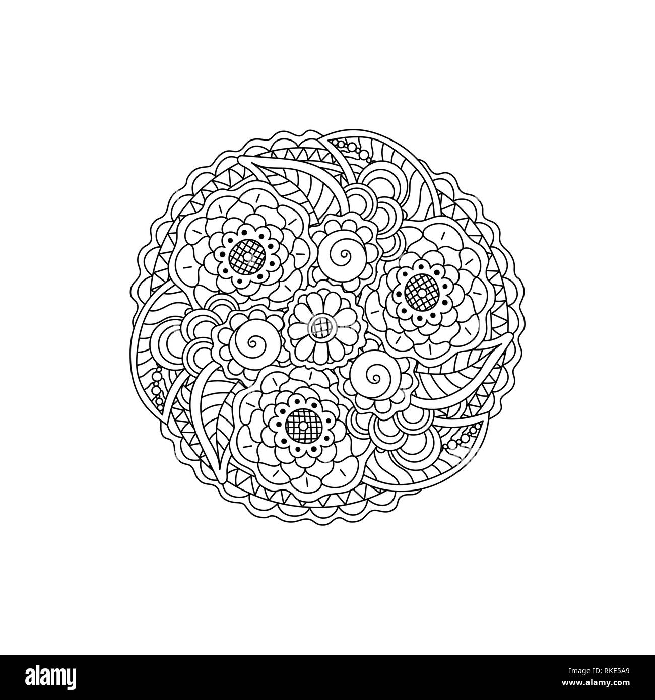Vector floral mandala noir décoratif à motifs, l'élément de conception. La page de coloriage anti stress pour les adultes. Illustration de Vecteur