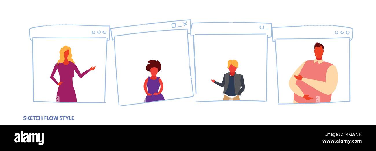 Définir différentes personnes membres de la famille femmes hommes occasionnels de personnages de dessins animés en ligne portrait page web windows navigateur internet débit horizontal style croquis Illustration de Vecteur