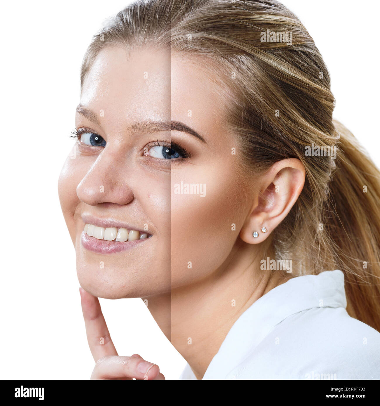 Portrait de jeune femme avant et après traitement de la peau et maquillage. Banque D'Images