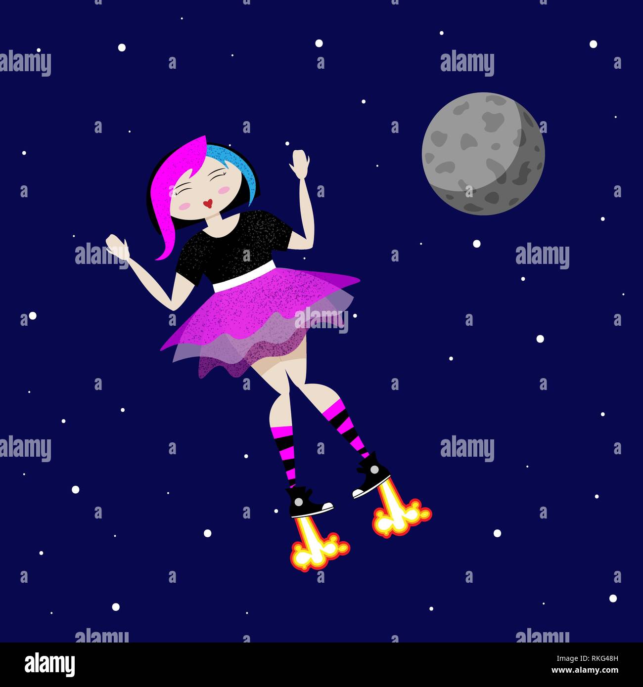 Emo girl vole dans l'espace près de la lune Illustration de Vecteur