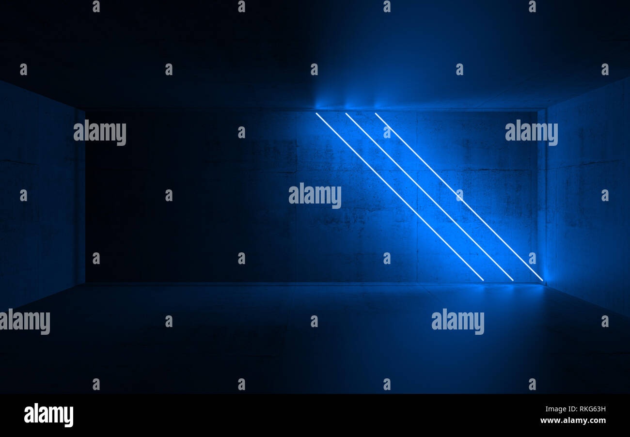 Vide abstrait concret avec l'intérieur sombre diagonale trois néons bleus, rendu 3d illustration Banque D'Images
