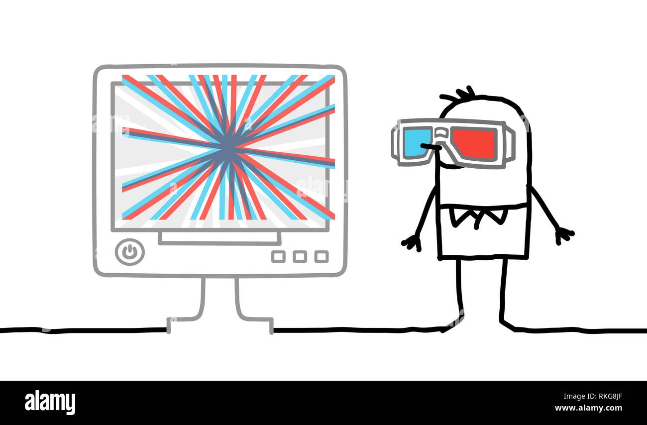 Homme qui regarde l'écran d'ordinateur avec des lunettes 3D Illustration de Vecteur