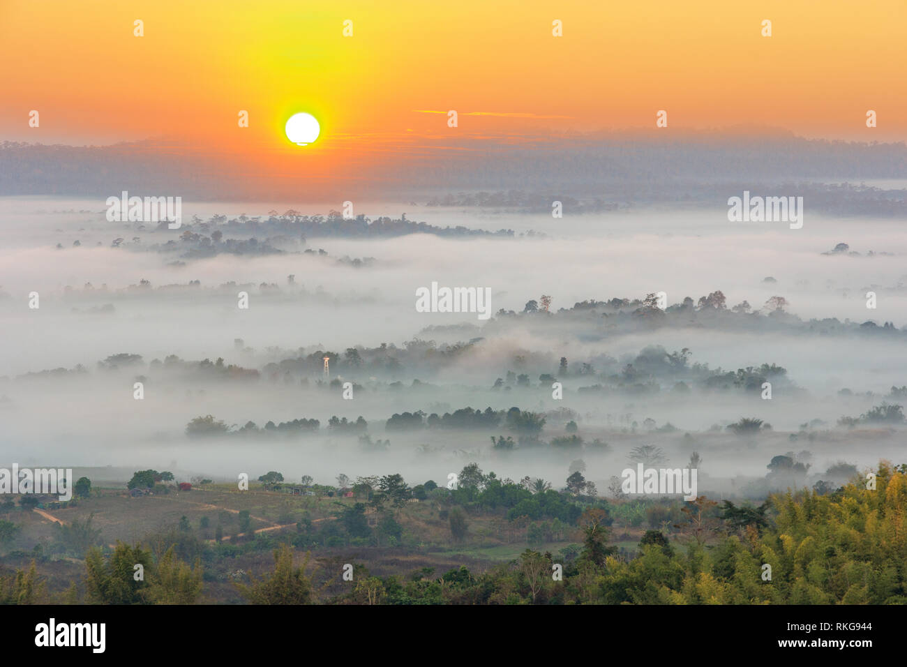 Lever du soleil dans les montagnes sur le brouillard du matin à Khao Kho Phetchabun Banque D'Images