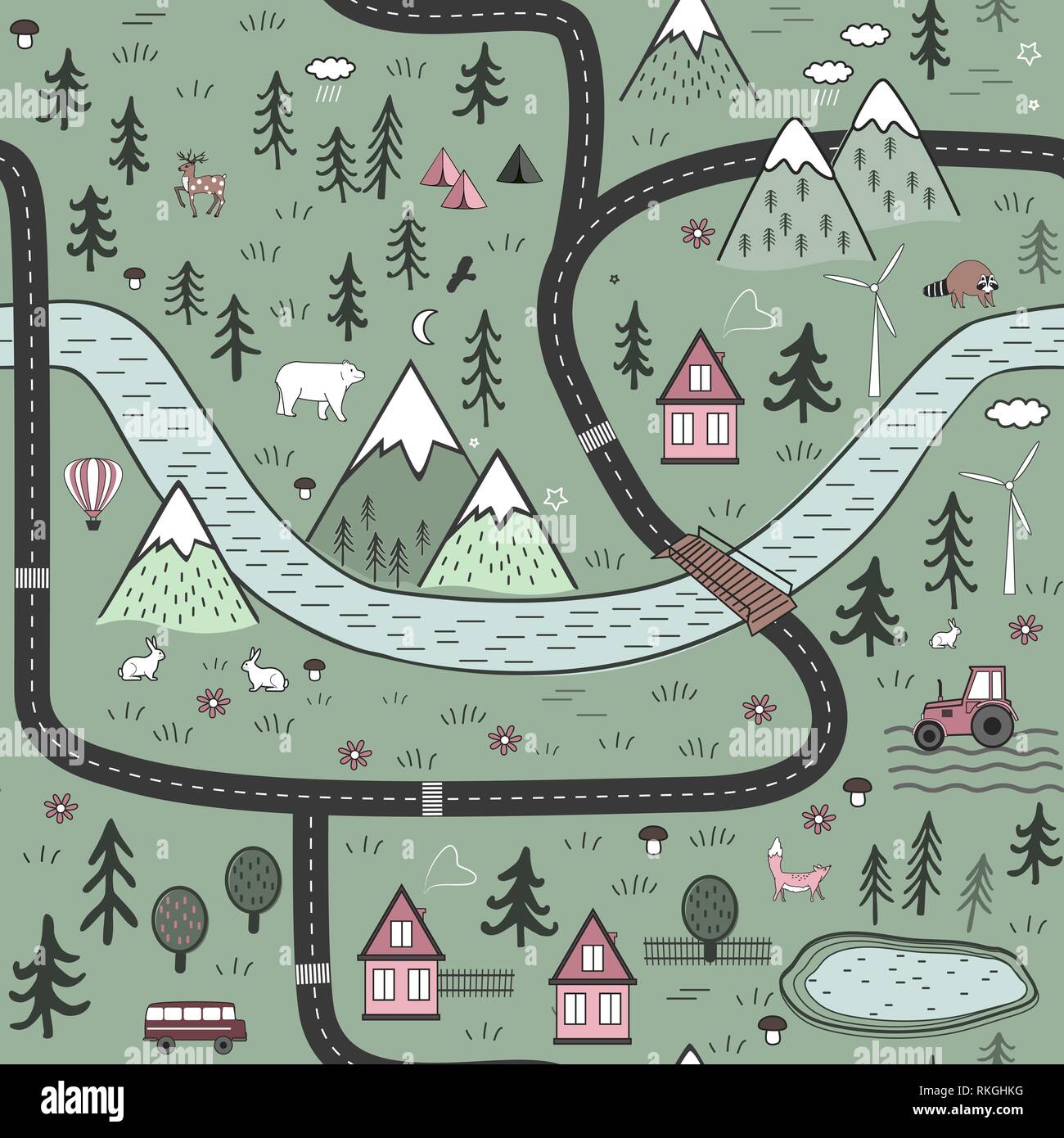 Hand drawn vector abstract illustration graphique scandinave modèle transparent avec des maisons, des animaux, arbres et montagnes. Nature paysage nordique. Illustration de Vecteur