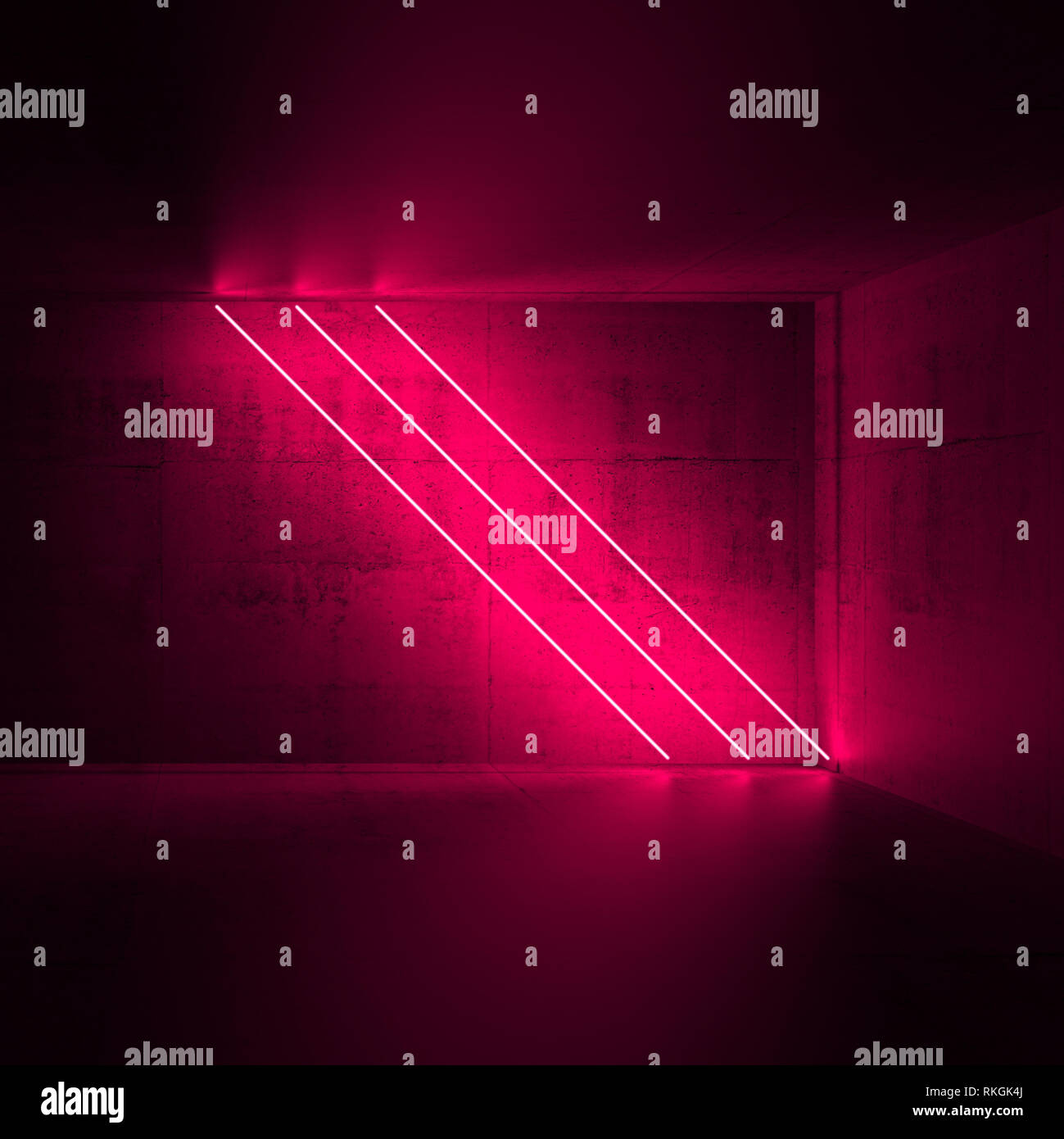Vide abstrait concret sombre intérieur avec trois néons rouge diagonale, rendu 3d illustration Banque D'Images