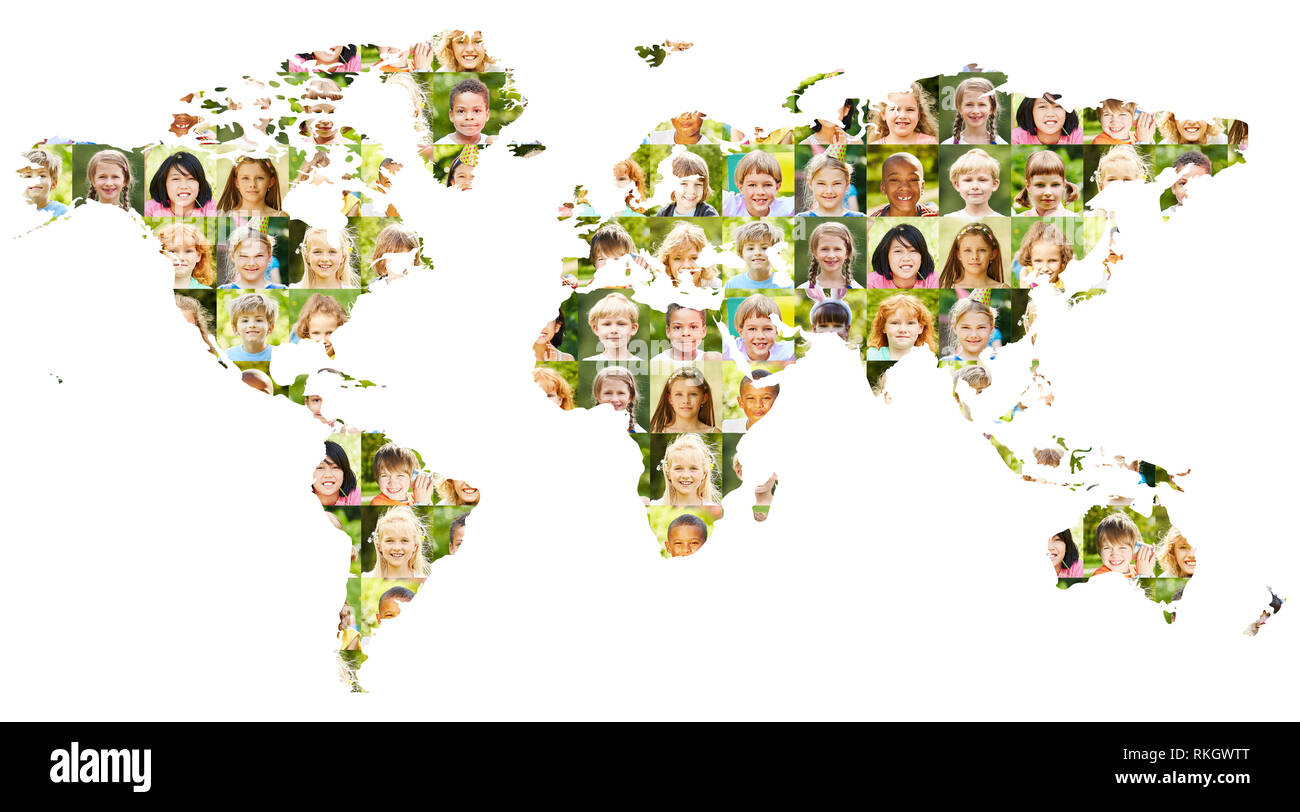 Collage de portraits d'enfants sur la carte du monde comme un vaste concept pour la population mondiale, de l'enfance et de la société Banque D'Images