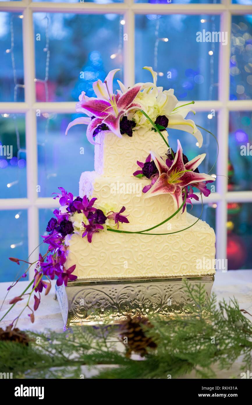 Gateau De Mariage Eclaire De Facon Spectaculaire A Une Reception Dans L Oregon Au Cours De L Hiver Photo Stock Alamy