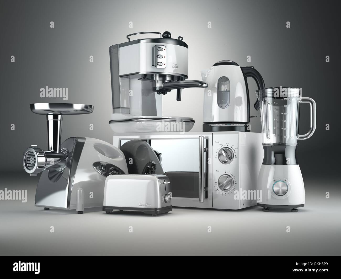 Appareils de cuisine. Mixeur, grille-pain, machine à café, four  micro-ondes, ginder viande et électrique. 3d Photo Stock - Alamy