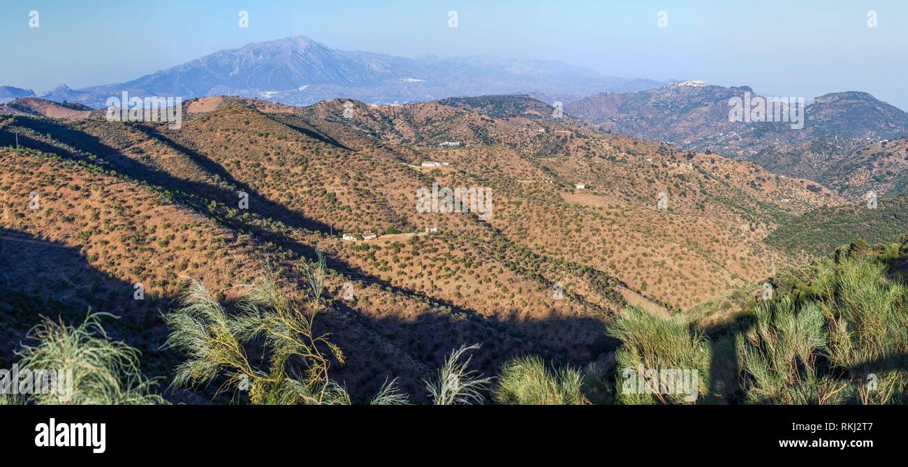 Vue aérienne de Comares, village blanc sur la colline des montagnes de Malaga, Andalousie, espagne. Vue panoramique. Banque D'Images