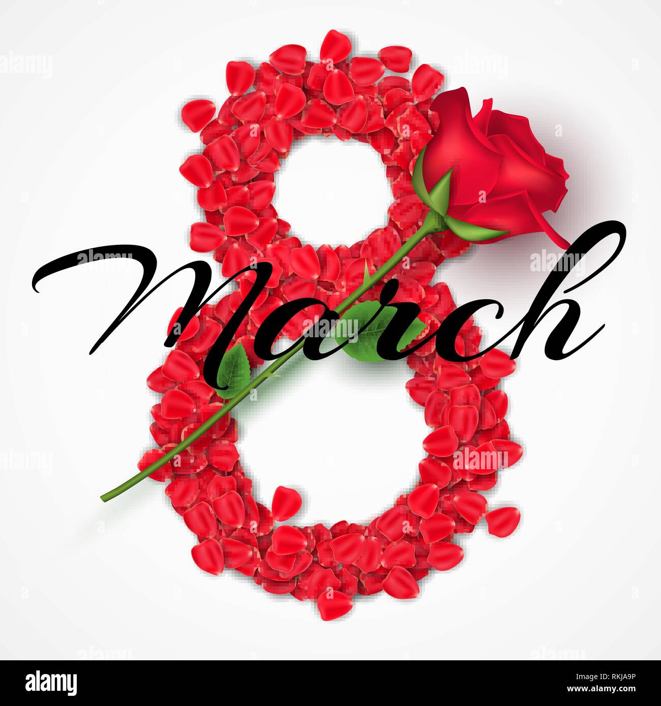 Carte de vœux pour le 8 mars. Womens heureux jour. Numéro 8 de pétales de rose. Fleurs réalistes. Composition romantique. Texte calligraphié. Vector illustration. Illustration de Vecteur