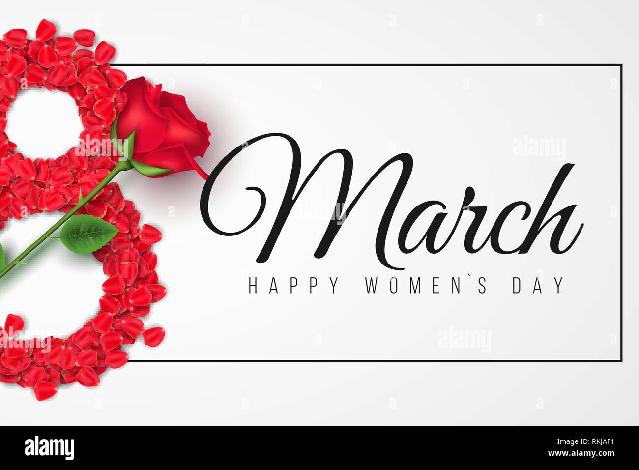 Bannière romantique pour 8 mars. Womens heureux jour. Numéro 8 de pétales de rose. Fleur rose réaliste. Composition romantique. Carte-cadeau. Vector illustration. E Illustration de Vecteur