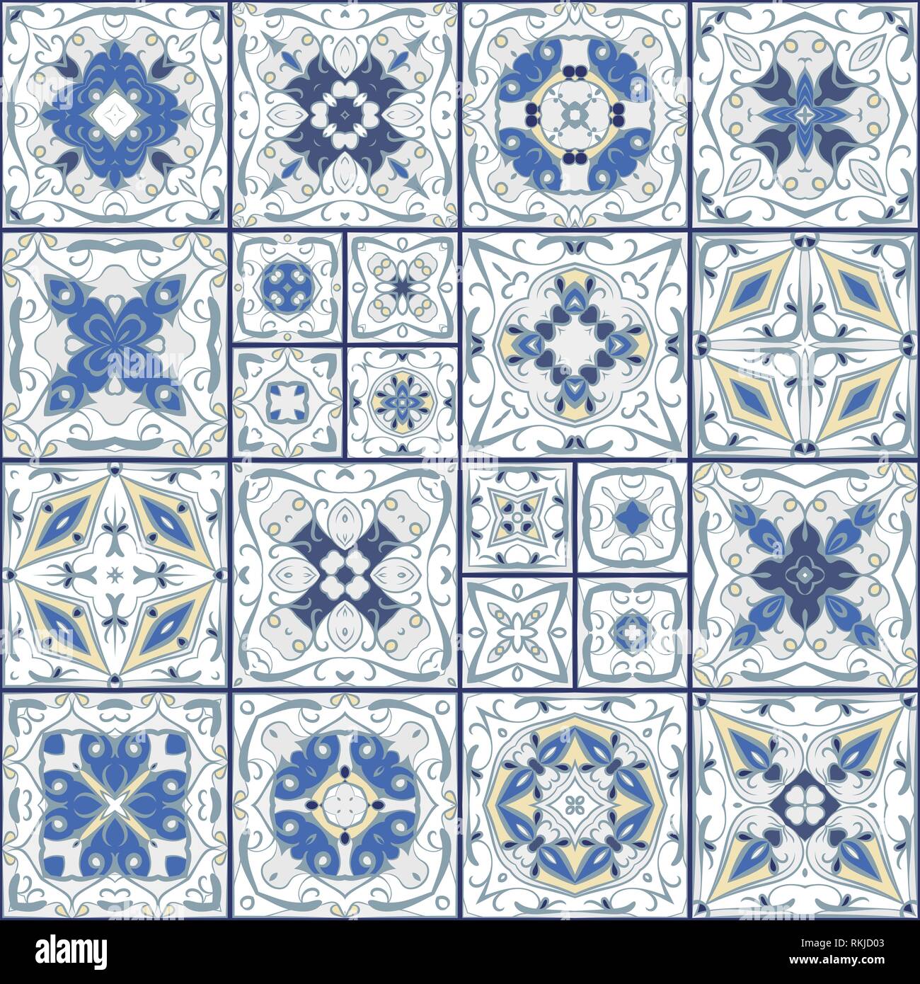 Une collection de carreaux de céramique dans des couleurs blanches et bleues. Un ensemble de modèles de carrés de style ethnique. Vector illustration. Illustration de Vecteur