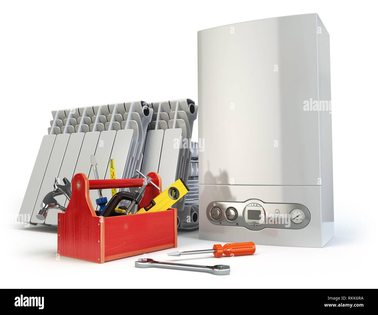 L'entretien du système de chauffage ou repearing concept. Chaudière à gaz,  radiateurs et boîte à outils avec de la cuisine. 3d illustration Photo  Stock - Alamy